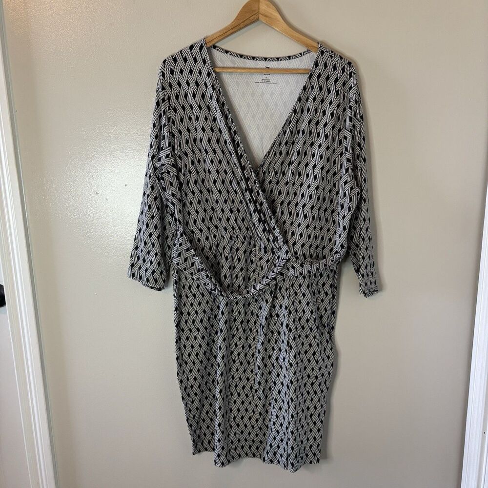 Talbots Womens Faux Wrap Dress Black White Geometric Mature Knee Length Sz 1X